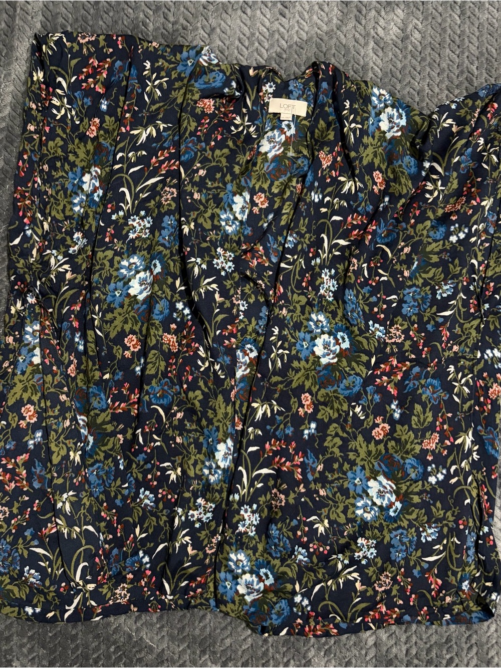 LOFT Navy Floral V-Neck Top with Blue and Olive Print